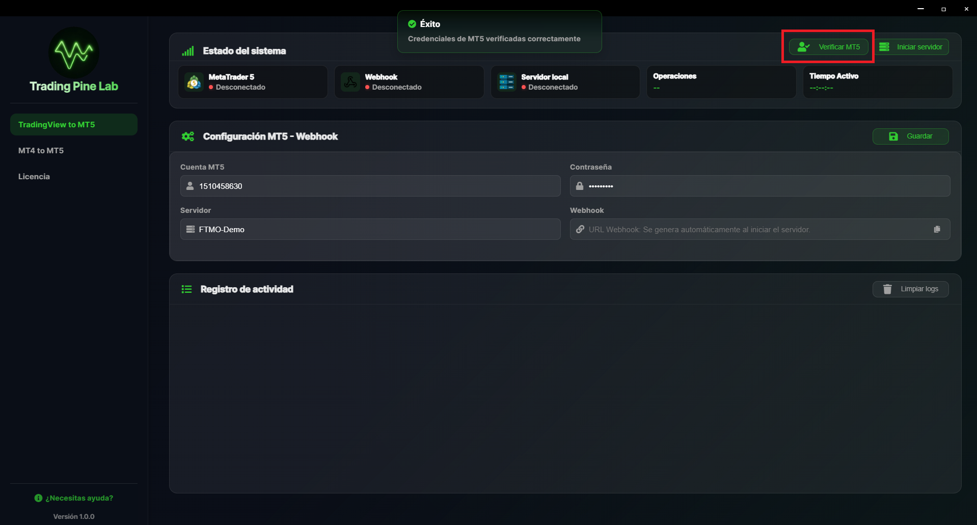 Verificación de conexión MT5