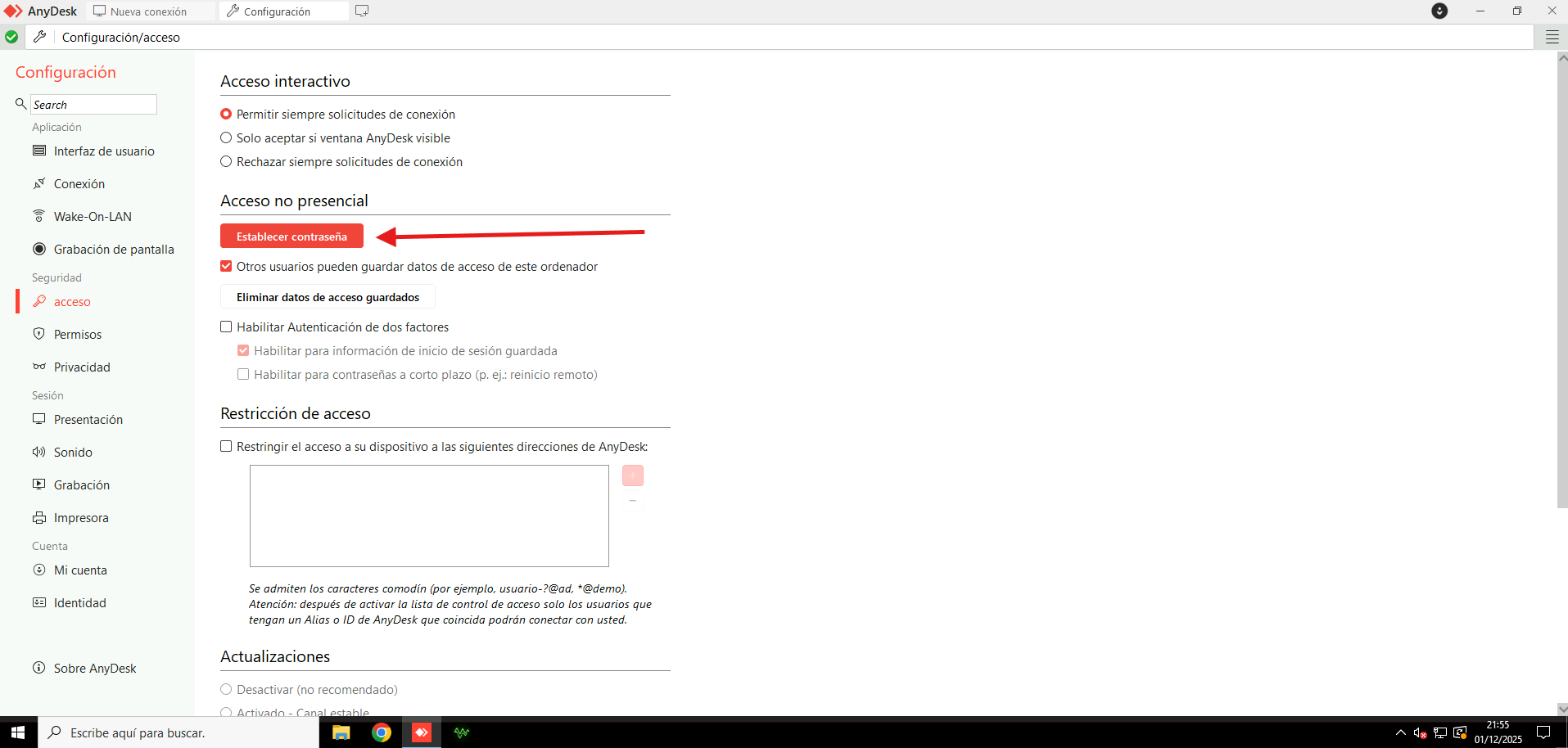 Establecer contraseña de acceso
