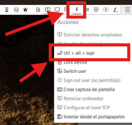 AnyDesk: Acciones, ctrl + alt + supr
